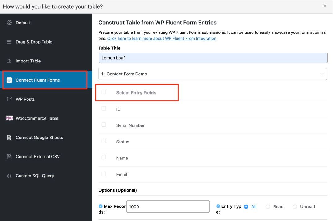 Fluent Forms Entry Fields