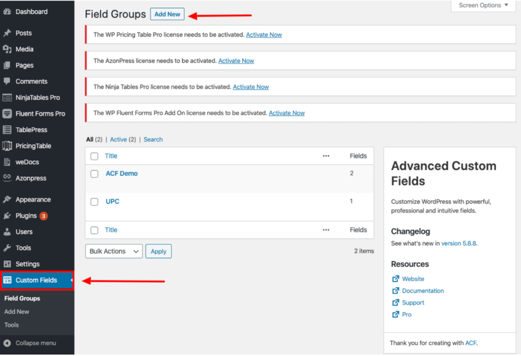 ACF custom fields