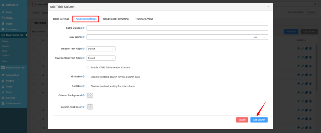 advanced settings in columns