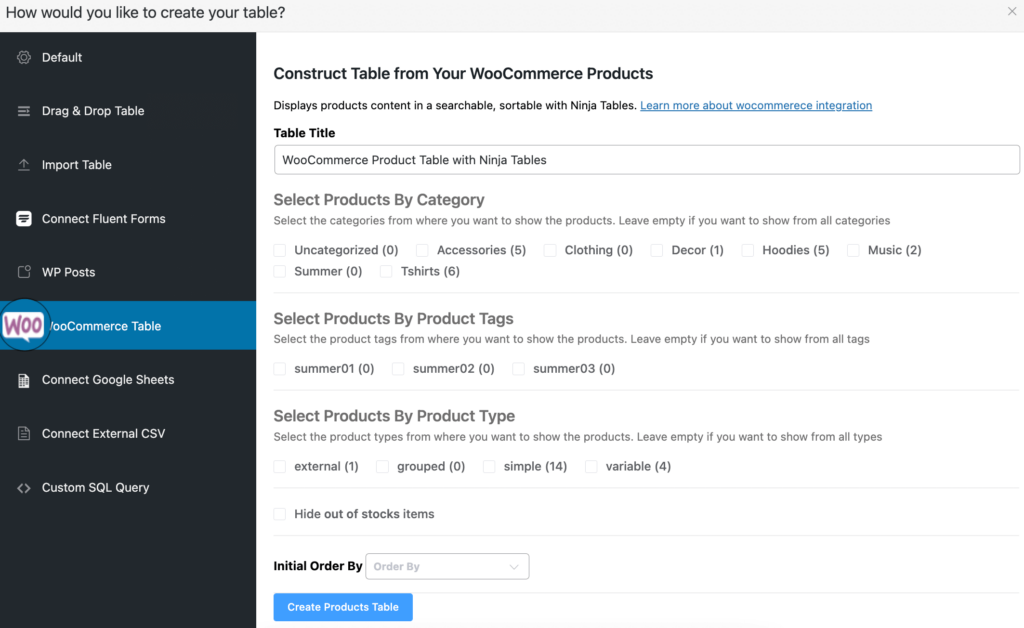 connect live WooCommerce store with Ninja Tables