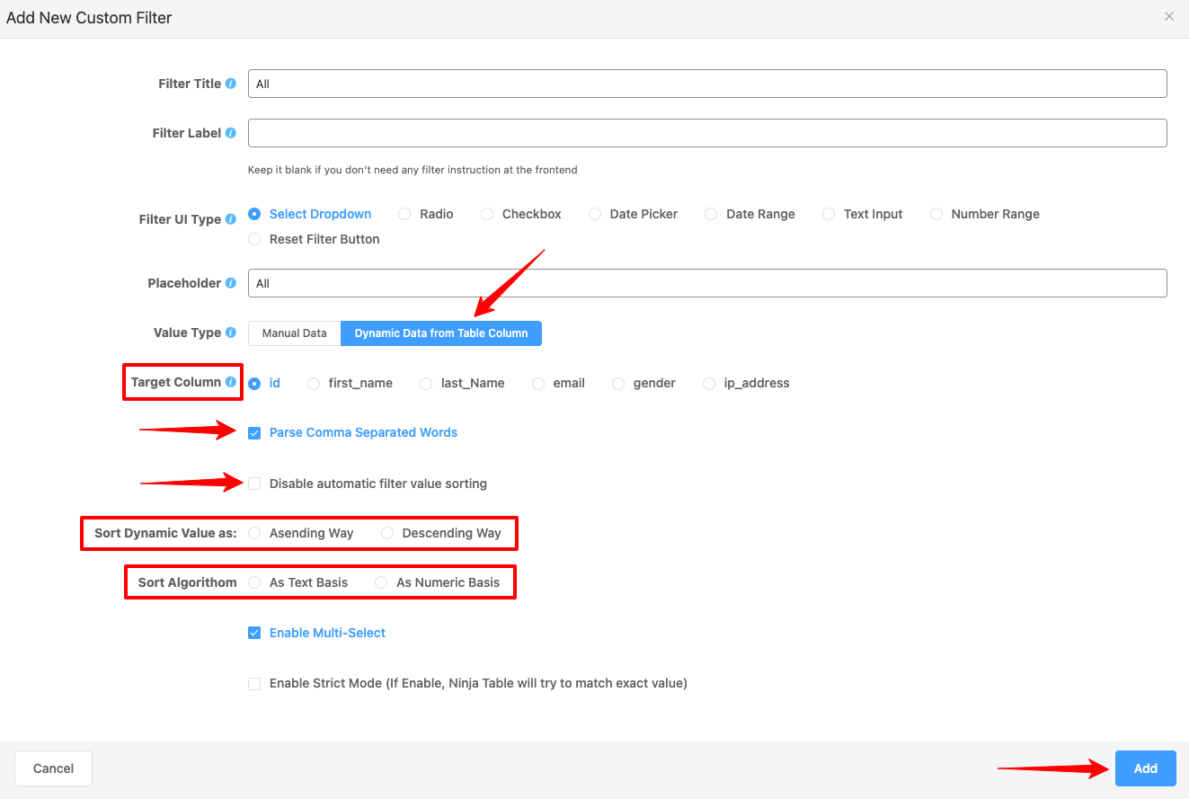 dynamic data custom filter