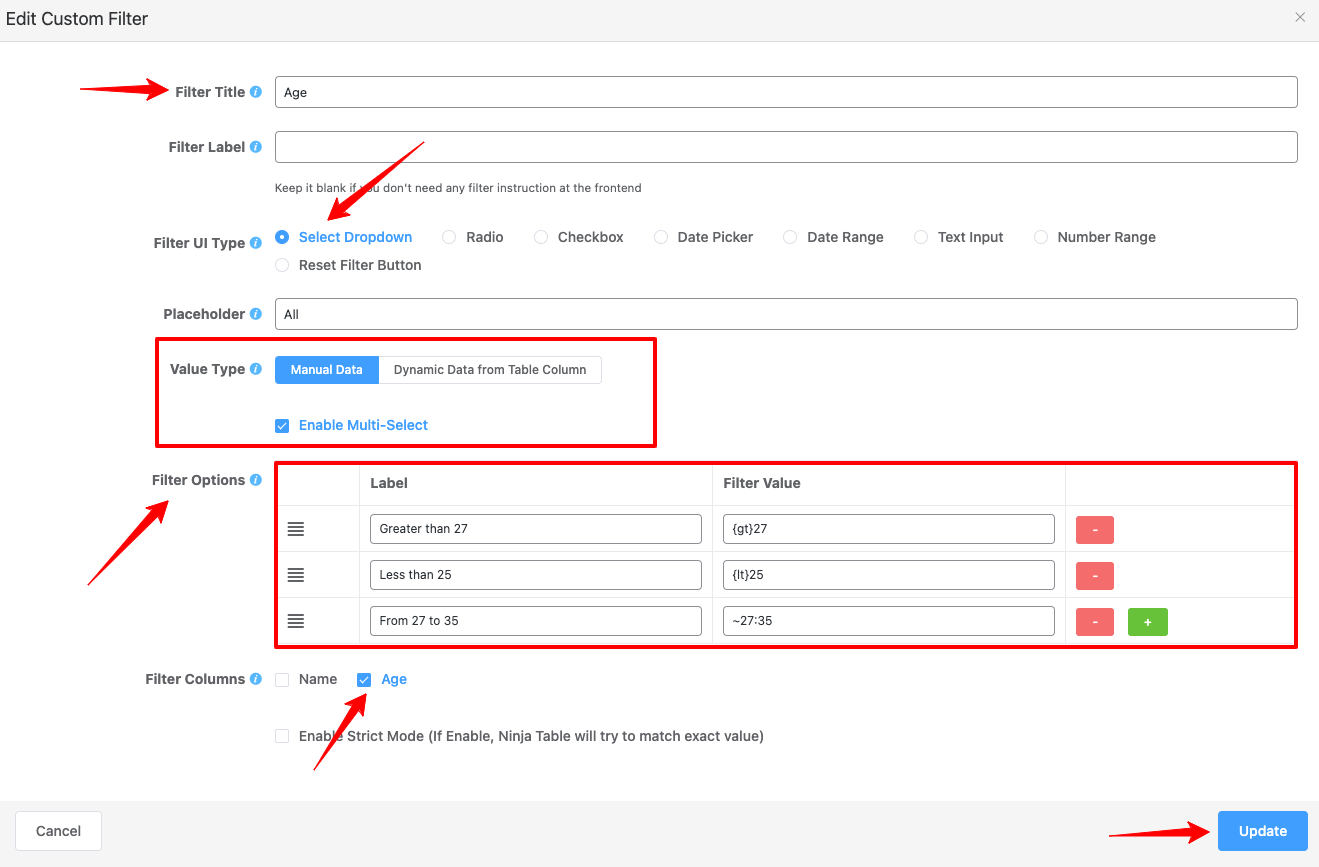 select dropdown in custom filter