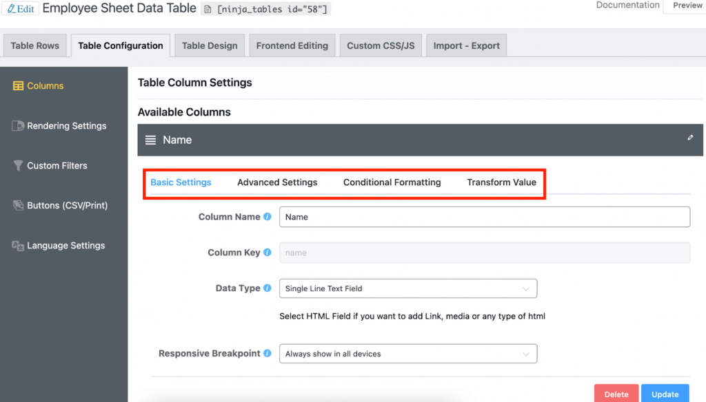 customize google sheet table with ninja tables