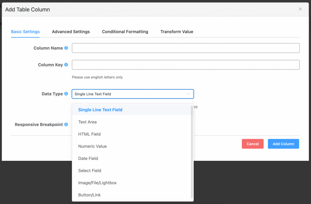 show all types of data in table