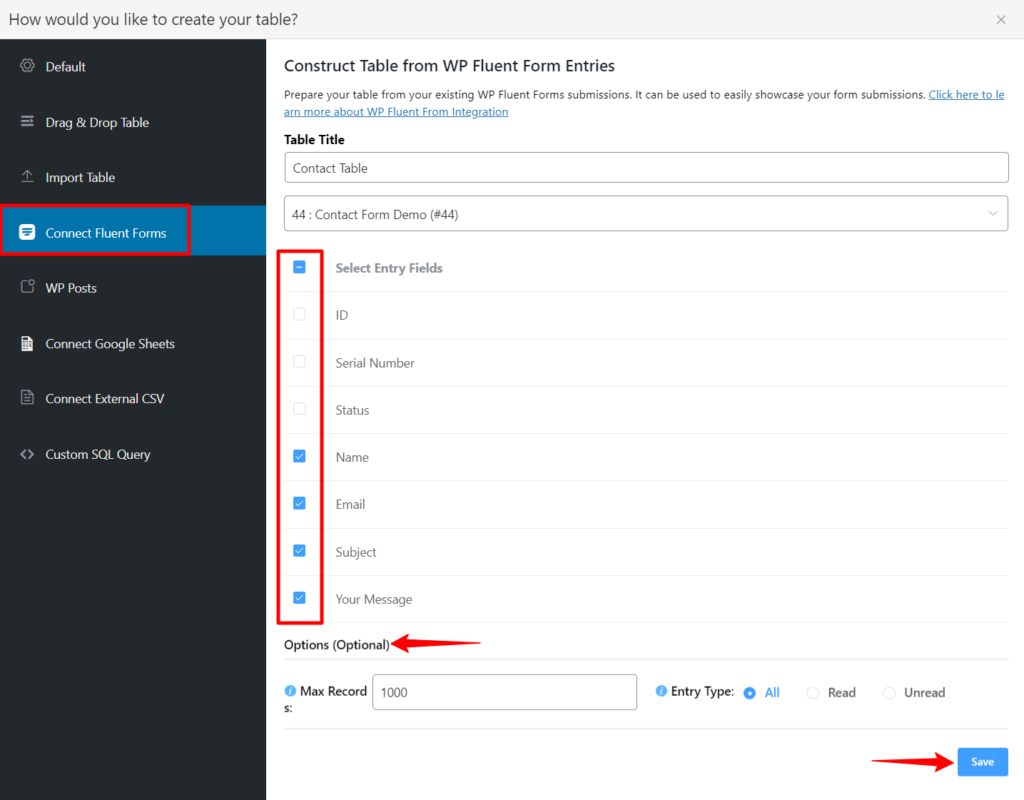 fluent forms fields in ninja tables