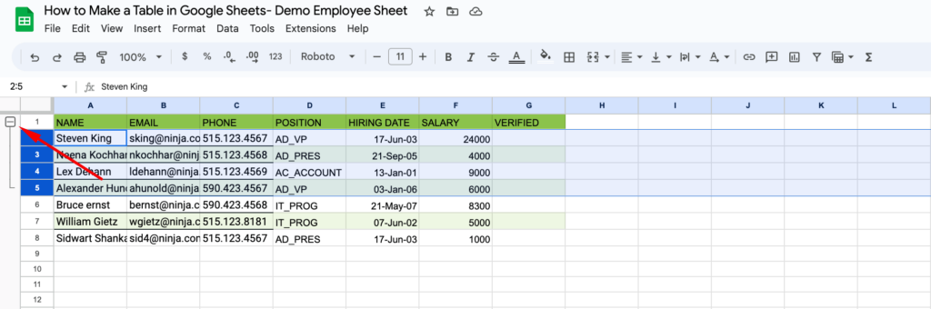 How to make a table in google sheets- Collapsible table- group rows- buttons to collapse