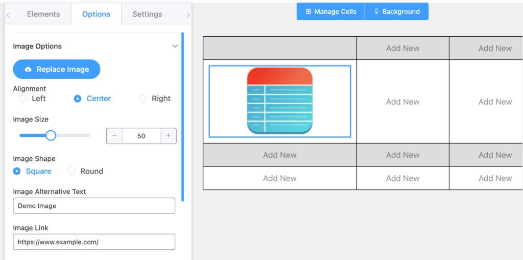 Image element in tables