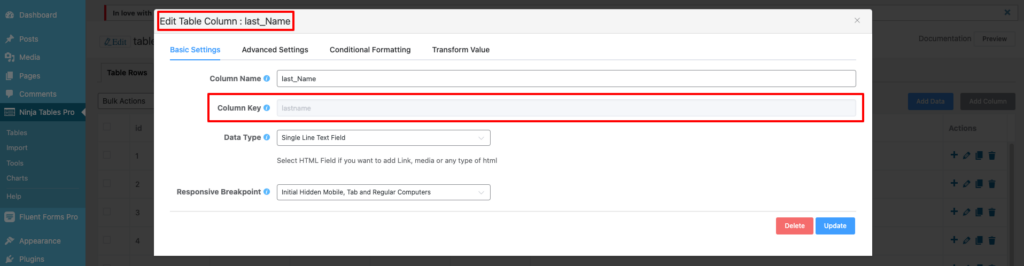 column key for csv