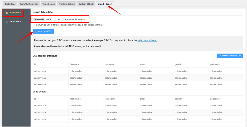 import CSV file to an Existing table