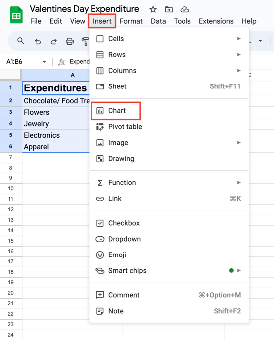 Insert chart from the insert tab of Google Sheet