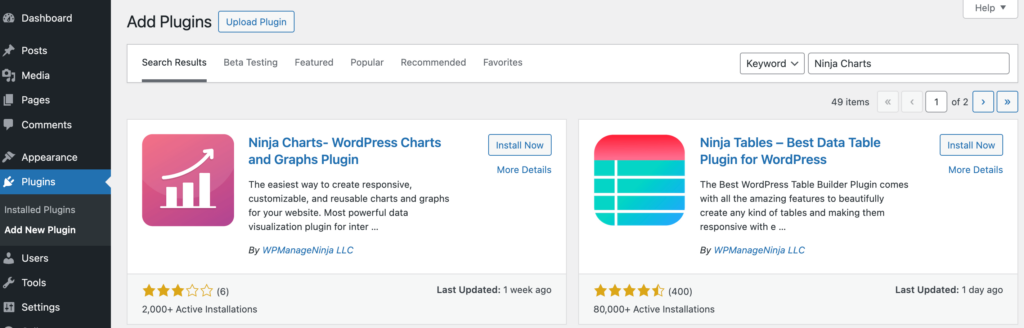 install and activate Ninja Charts