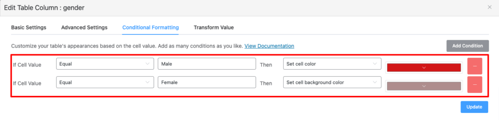 Ninja Tables added Conditions