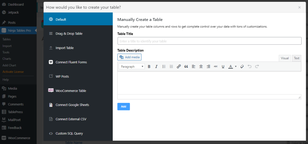 Ninja Tables Dashboard