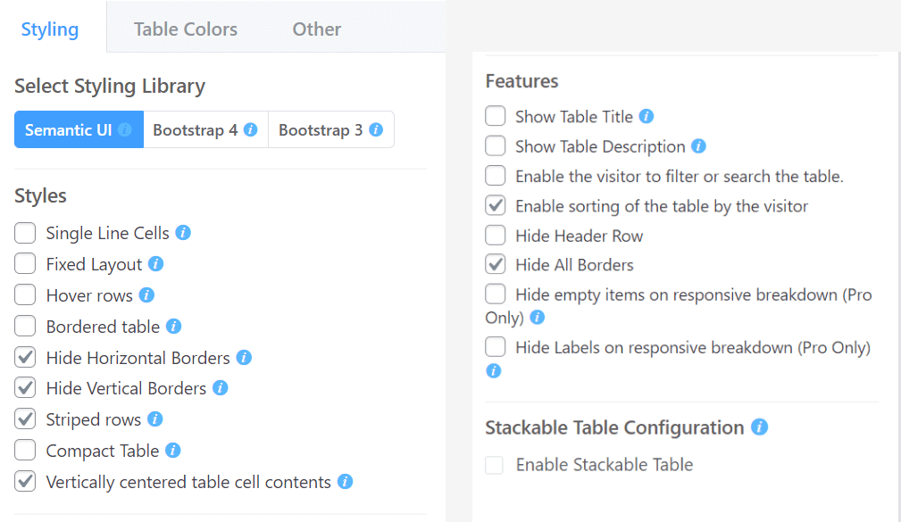 Ninja Tables styling options