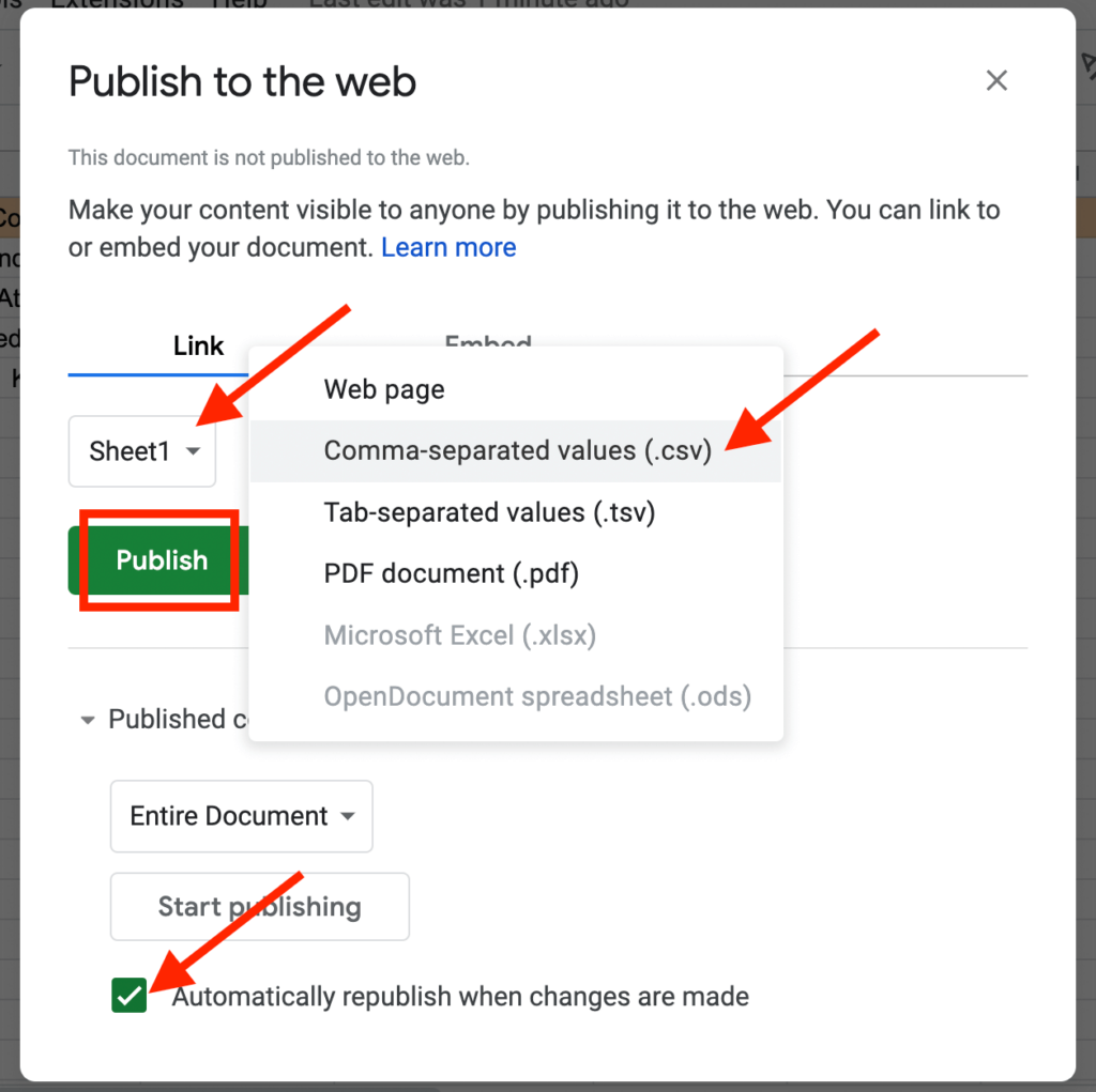 publish google sheet to the web