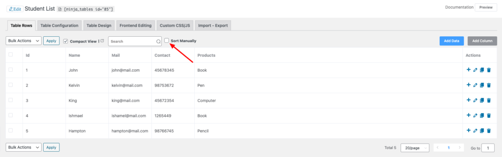 sort table manually