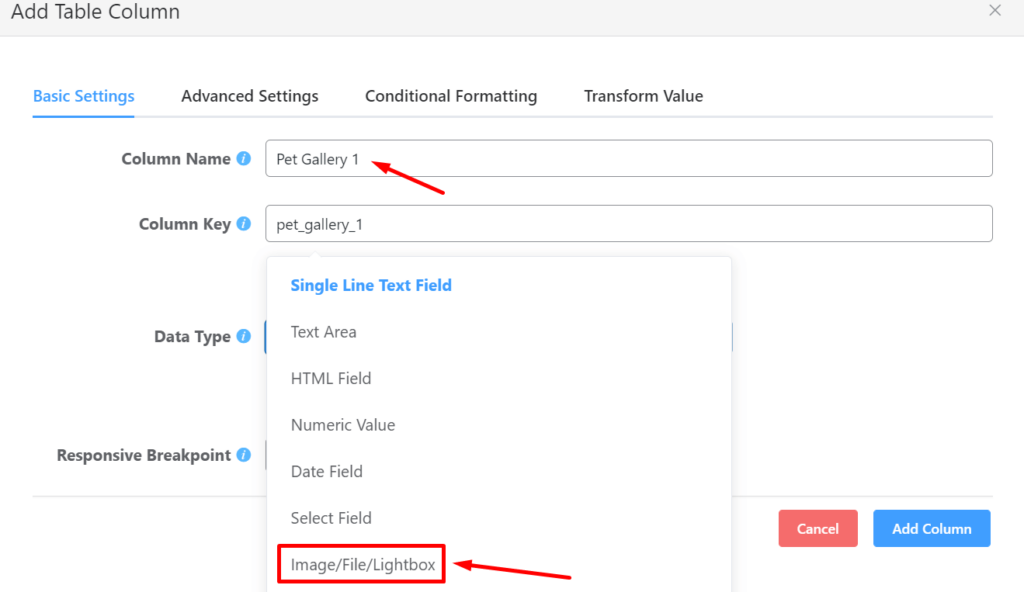 Set column name and set the data type