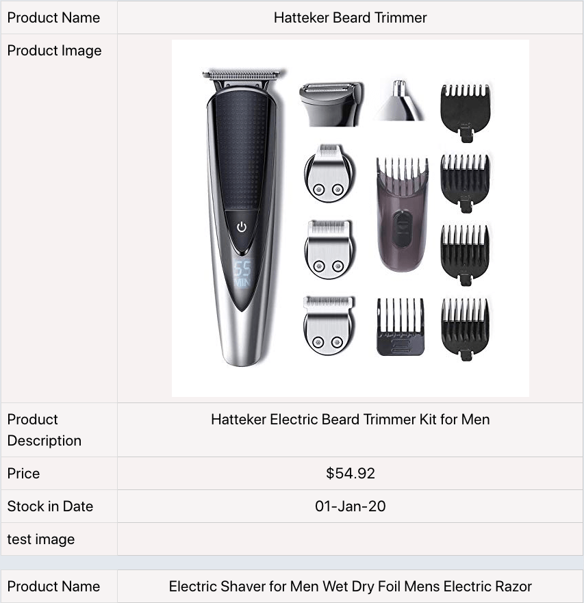 stackable product listing table