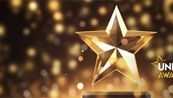 A golden star, slightly off-centre and towards the right. A background of golden confetti. White and gold text that says Union Awards.