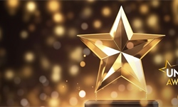 A golden star, slightly off-centre and towards the right. A background of golden confetti. White and gold text that says Union Awards.