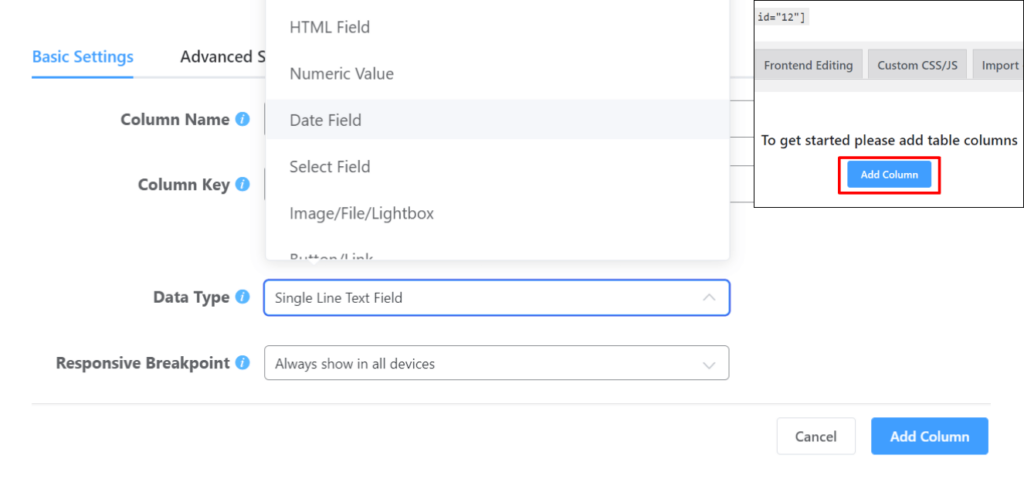 Add column and define column data type