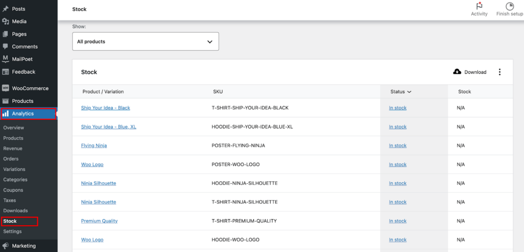 WooCommerce stock status report