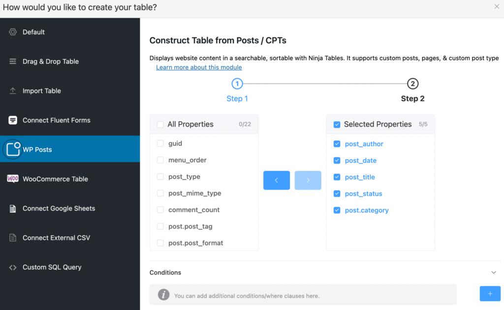 select post properties to show in tables